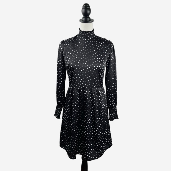 LOFT Dotted Smocked Mini Flare Dress Size 0 Petite Black Lined NEW - Picture 3 of 15